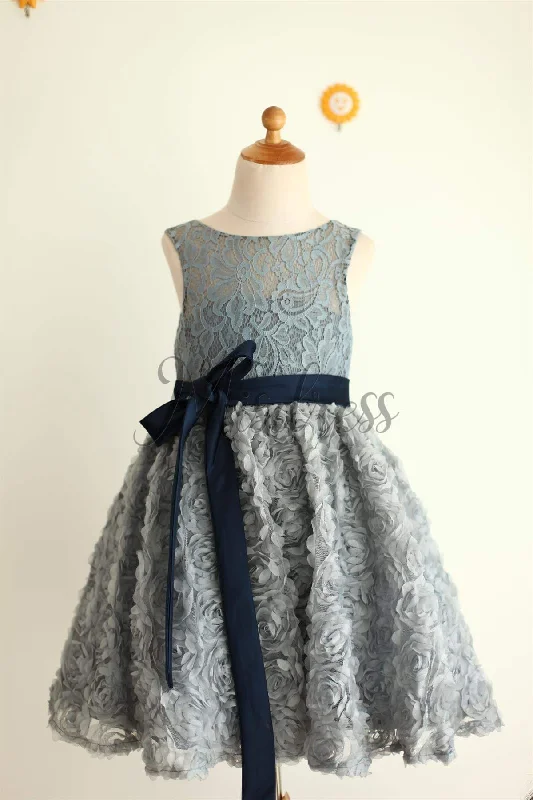 A-line Gray Lace Rosette Keyhole Back Knee Length Flower Girl Dress