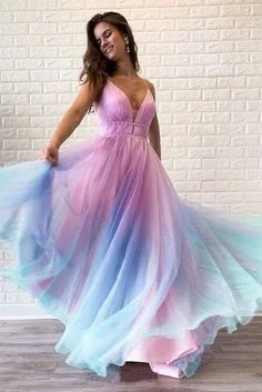 Chic Ombre Spaghetti Straps V Neck Beaded Graduation Gowns, Long Prom Dresses cg6048 Chic Ombre Spaghetti Straps V Neck Beaded Graduation Gowns, Long Prom Dresses cg6048