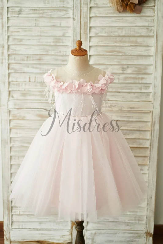 Off Shoulder Pink Tulle Feathers Wedding Party Flower Girl Dress