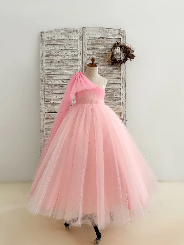 Ball Gown One Shoulder Draped Pink Tulle Flower Girl Dress Pageant Party