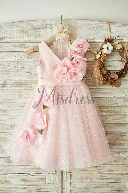 Princess V Neck Pink Satin Tulle Short Wedding Party Flower Girl Dress