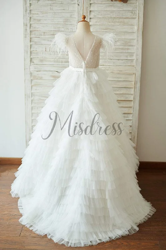 Ivory Tulle Cap Sleeves V Back Wedding Flower Girl Dress Pageant Dress