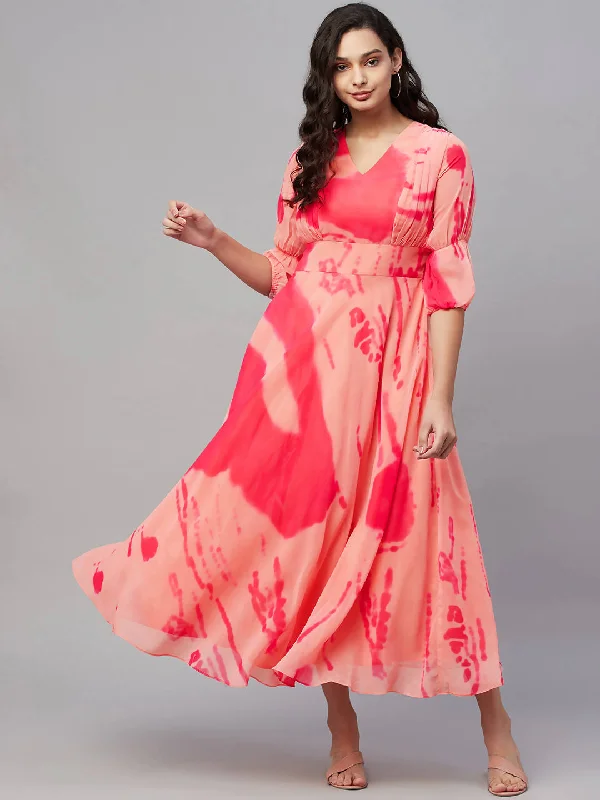 Myshka Stylish Printed 3/4 Sleeve ,V Neck Women Dress