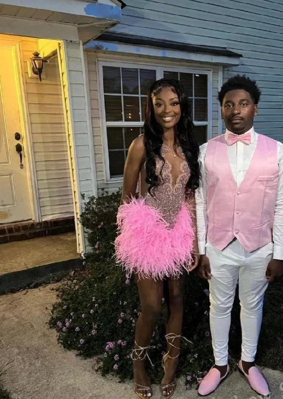 Luxury Peach Pink Short Homecoming Prom Dress 2024 Glitter Crystal Rhinestone Feather Black Girls Birthday Party فساتين سهرات Luxury Peach Pink Short Homecoming Prom Dress 2024 Glitter Crystal Rhinestone Feather Black Girls Birthday Party فساتين سهرات