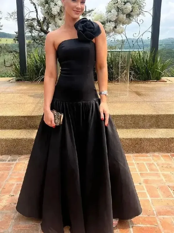Classy Long Black One Shoulder Satin Prom Dress With Flower A-Line Sleeveless Evening Dresses for Women 2024 Pleated Party Gown Classy Long Black One Shoulder Satin Prom Dress With Flower A-Line Sleeveless Evening Dresses for Women 2024 Pleated Party Gown