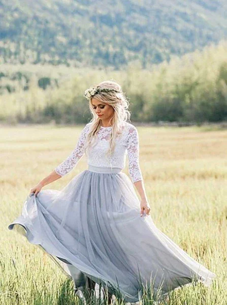 Lace Tulle 3/4 Sleeves A Line Formal Long Bridesmaid prom Dresses for Weddings   cg6486