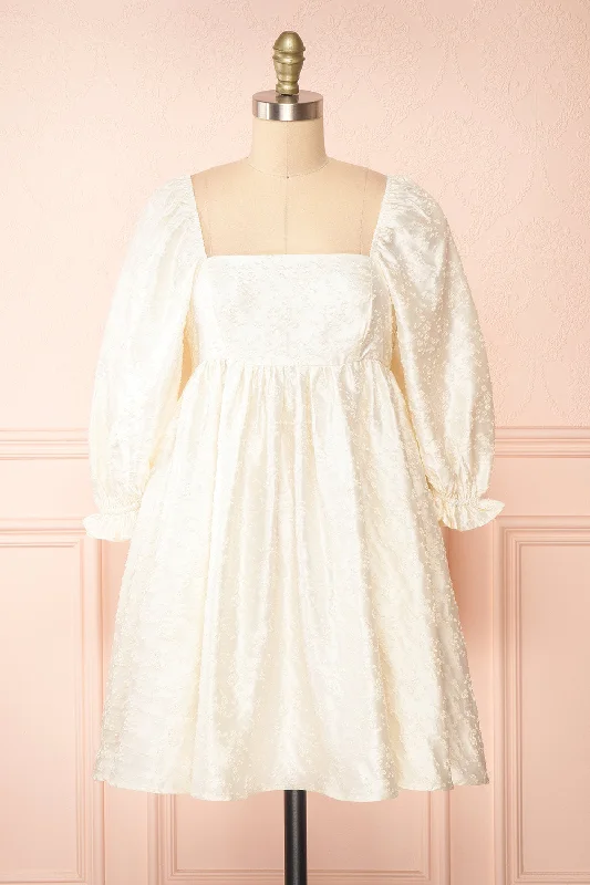 Betie | Ivory Satin Embroidered Babydoll Dress