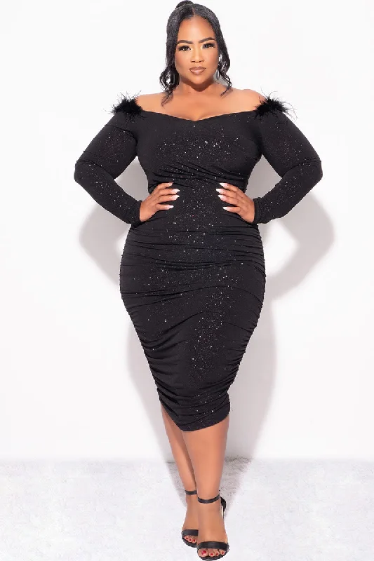 Final Sale Plus Size Shimmer Ruched Dress with Feather Trim in Black