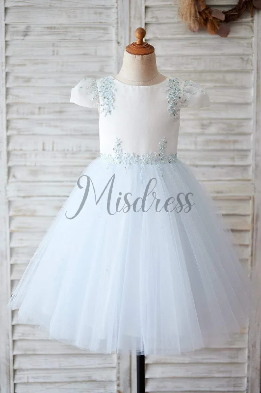 Ivory Satin Blue Tulle Cap Sleeves V Back Beaded Wedding Flower Girl Dress
