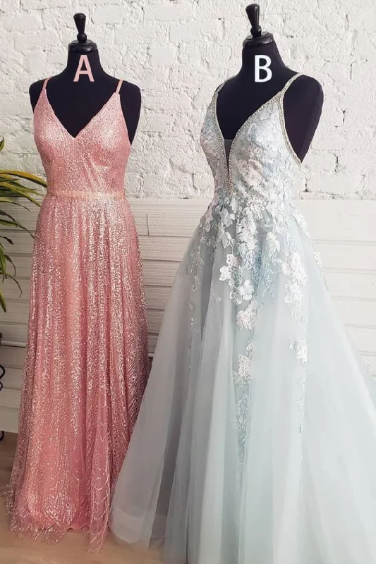 A Line Spaghetti Straps Light Blue Prom Dress With Beading Appliques  cg6266