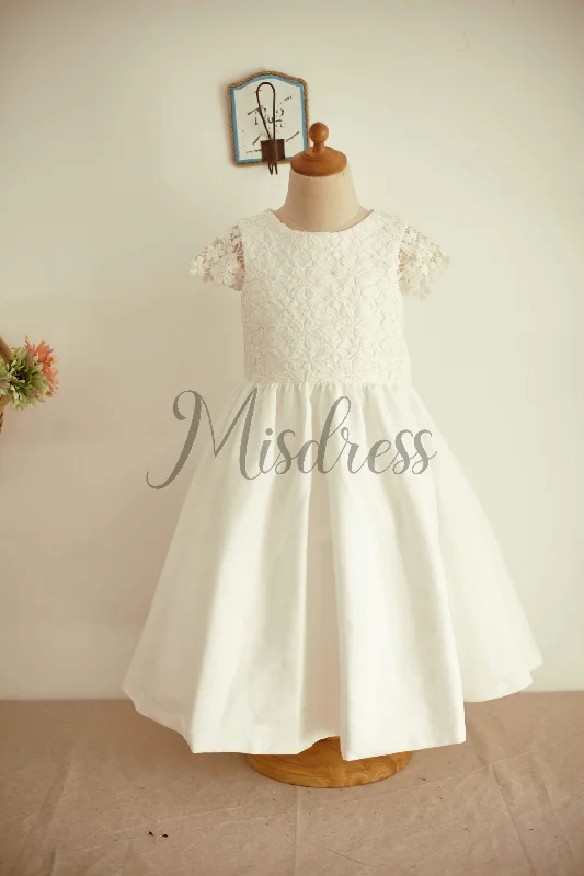 A-line Ivory Lace Satin Cap Sleeves Wedding Flower Girl Dress, Bow