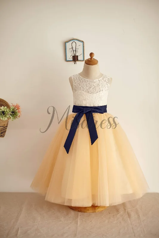 Ivory Lace Champagne Tulle Sheer Neck Wedding Flower Girl Dress, Belt
