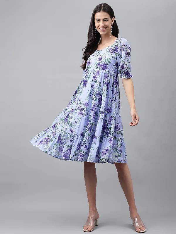 Janasya Women's Lavender Georgette Floral Printed Tiered Casual Dress