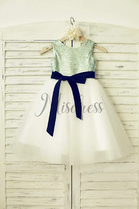 Mint/Royal/Pink/Champagne/Navy/Gold  Sequin Ivory Tulle Flower Girl Dress