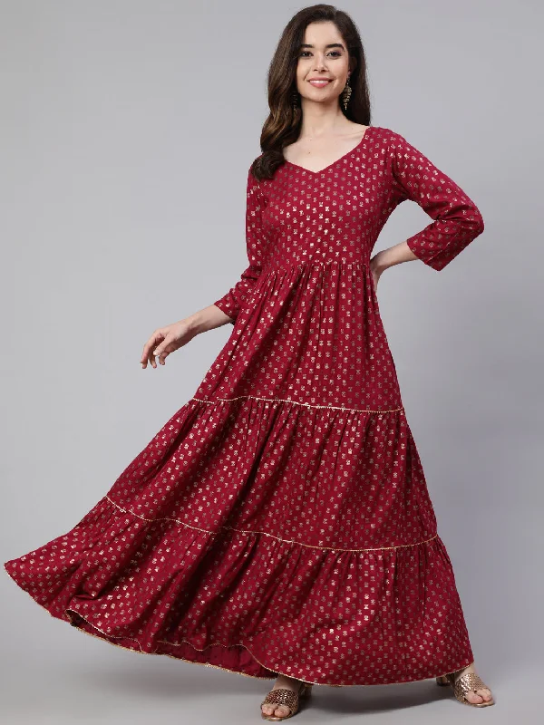 Women Burgundy Printed Flared Dress With Three quarter Sleeves - Rasiya