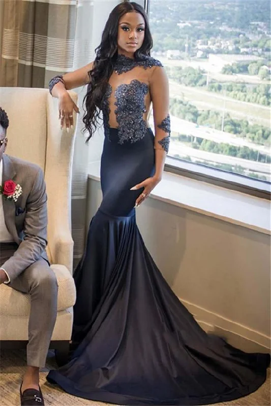 2020 Navy Blue High Neck Long Sleeve Applique Beaded See Through Satin Mermaid/Trumpet Prom Dresses cg6296 2020 Navy Blue High Neck Long Sleeve Applique Beaded See Through Satin Mermaid/Trumpet Prom Dresses cg6296