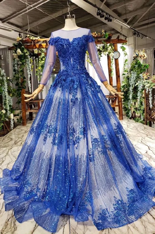 Charming Long Sleeve Round Neck Tulle Blue Beads Ball Gown Prom Dresses with Lace up cg6554 Charming Long Sleeve Round Neck Tulle Blue Beads Ball Gown Prom Dresses with Lace up cg6554