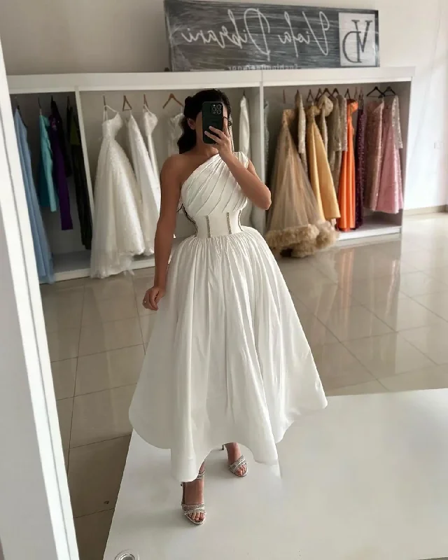 Elegant One-Shoulder Evening Dress with Sequines A-Line Ruched Tea Length Satin Prom Dress High Quality