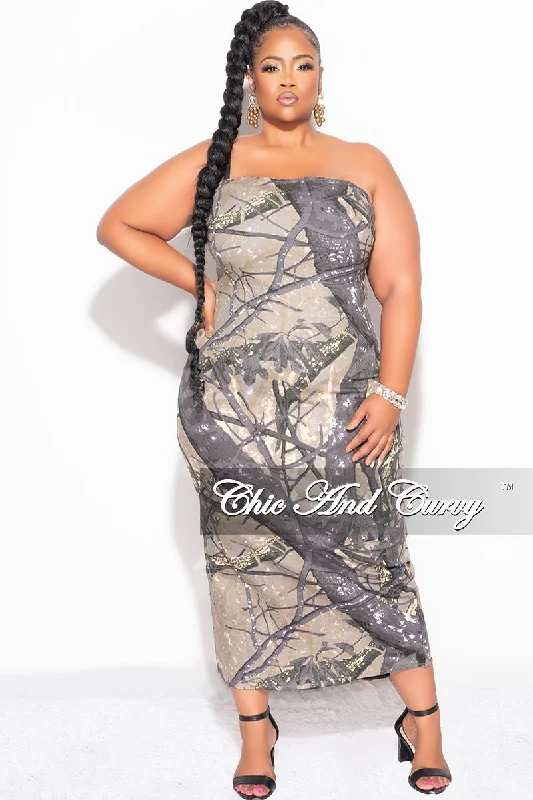 Final Sale Plus Size Strapless Dress with Back Slit in Brown and Grey Camo