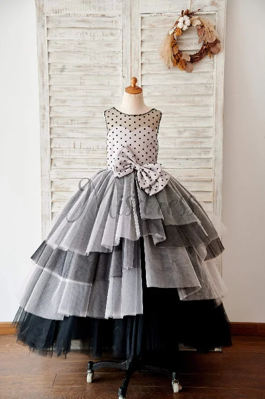 Black Polka Dots Tulle Corset Back Ball Gown Cupcake Wedding Flower Girl Dress