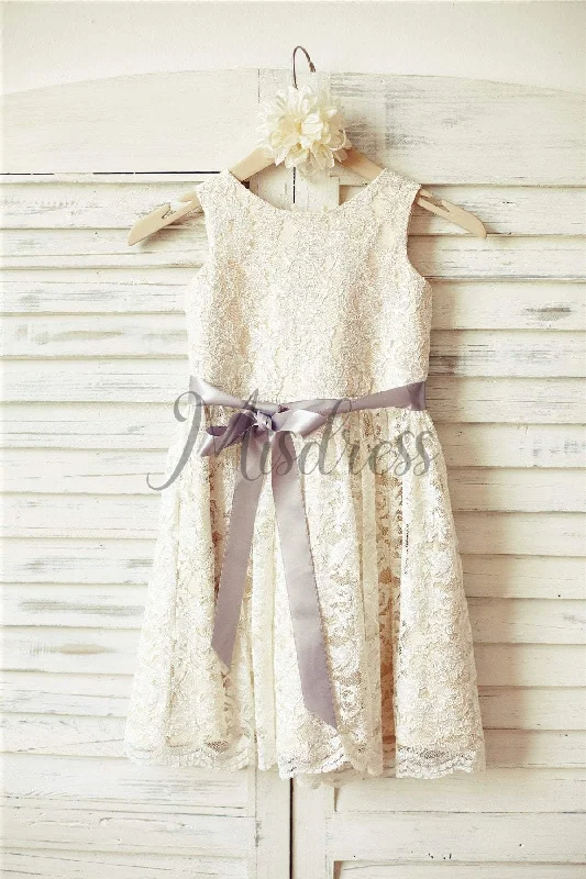 A-line Ivory Lace Champagne Lining Flower Girl Dress, Silver Sash