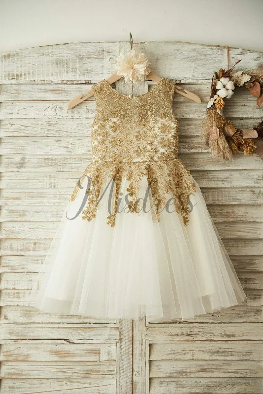 Princess Gold Lace Ivory Tulle Knee Length Wedding Flower Girl Dress