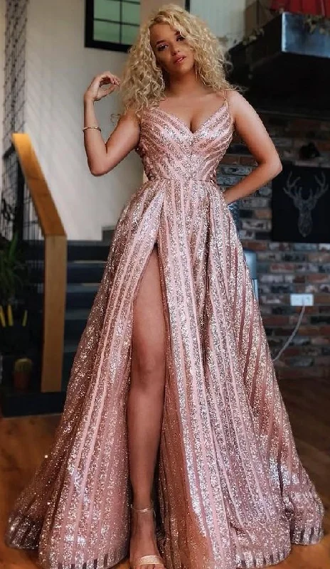 Stylish V-neck Sleeveless Split Champagne Sequined Prom Dress  cg6111
