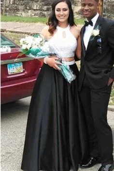 Boho Prom Dresses, Cheap A Line Satin Black With White Two Pieces Halter Prom Dresses cg6642 Boho Prom Dresses, Cheap A Line Satin Black With White Two Pieces Halter Prom Dresses cg6642