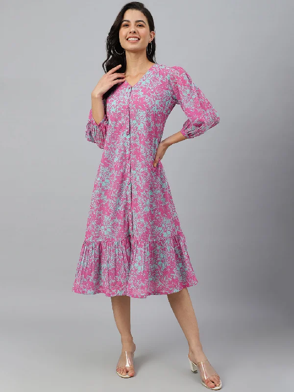 Janasya Women's Pink Georgette Floral Printed A-line Western Dress
