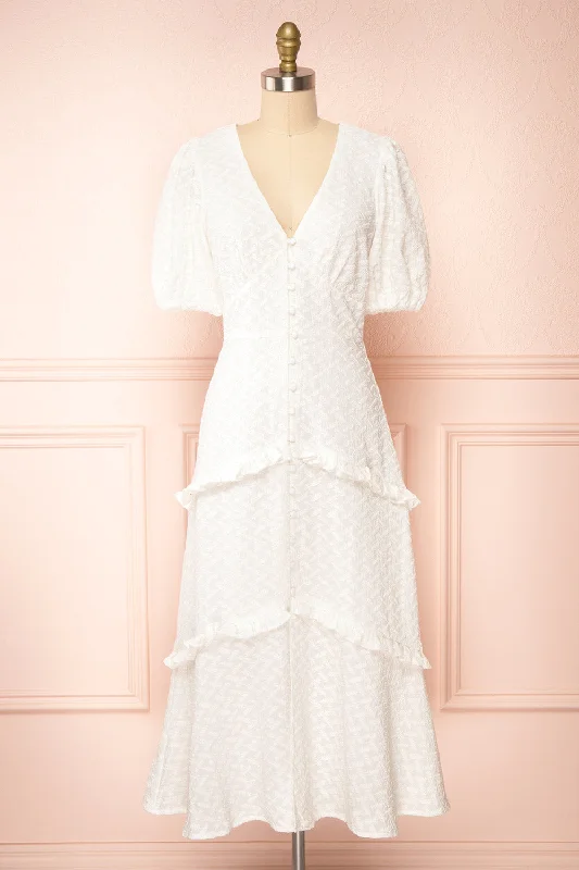 Belvie White | Midi Button-Up V-Neck Dress