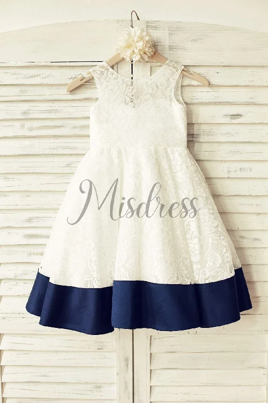 A-line Deep V Back Ivory Lace Flower Girl Dress, Navy Blue Bow