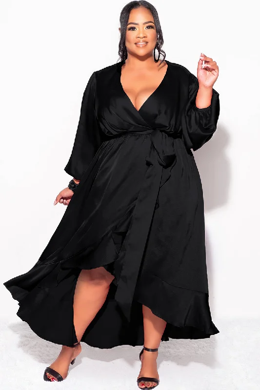 Final Sale Plus Size Faux Wrap Satin High-Low Dress with Waist Tie in Black