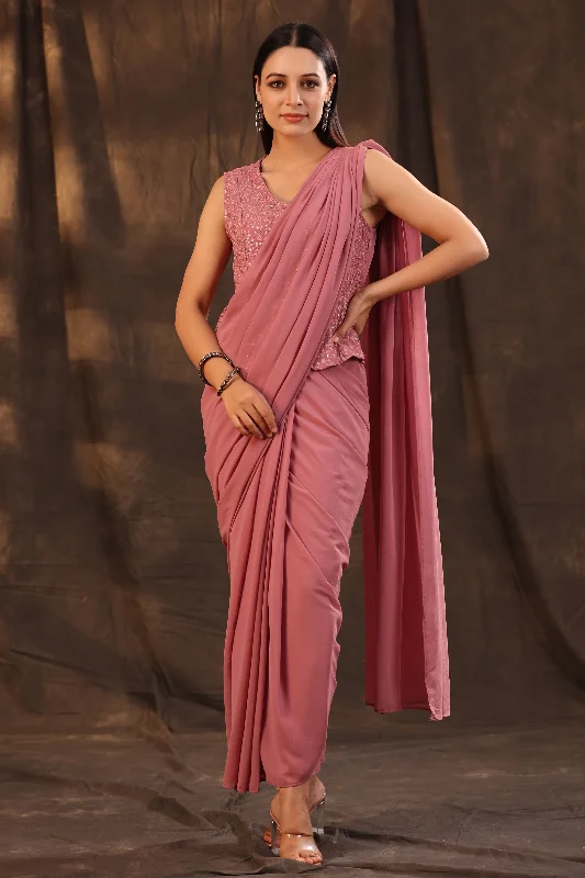 Juniper Women Rosegold Georgette Embellished Saree Style Dress