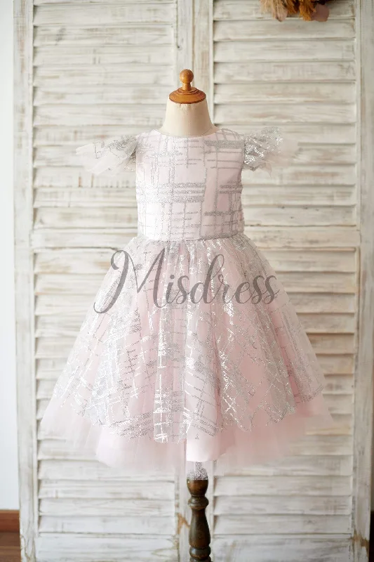 Cap Sleeves V Back Pink Tulle Silver Sequin Wedding Flower Girl Dress