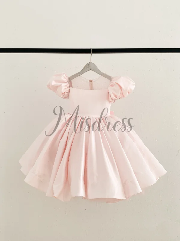 Puff Sleeves Pink Satin Glittering Tulle Neck Wedding Flower Girl Dress, Big Bow