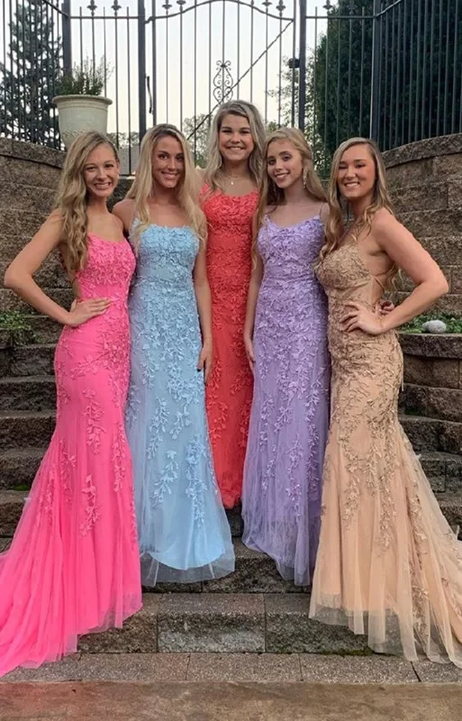Sheath Spaghetti Straps Lace-Up Sweep Train Light Blue Prom Dress with Appliques  cg6264