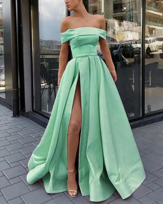 Amazing Mint Green A Line Evening Prom Dresses Long Satin Off Shoulder Sexy High Split cg6281 Amazing Mint Green A Line Evening Prom Dresses Long Satin Off Shoulder Sexy High Split cg6281