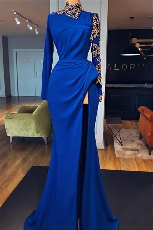 Royal Blue High Neck Side Slit Mermaid Prom Dresses, Elegant Long Sleeves Appliques Evening Gowns cg5972 Royal Blue High Neck Side Slit Mermaid Prom Dresses, Elegant Long Sleeves Appliques Evening Gowns cg5972
