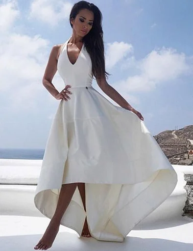 Ivory High Low Prom Dresses,Halter Satin Evening Dress,Sleeveless A-Line Zipper Formal Dress cg5940 Ivory High Low Prom Dresses,Halter Satin Evening Dress,Sleeveless A-Line Zipper Formal Dress cg5940