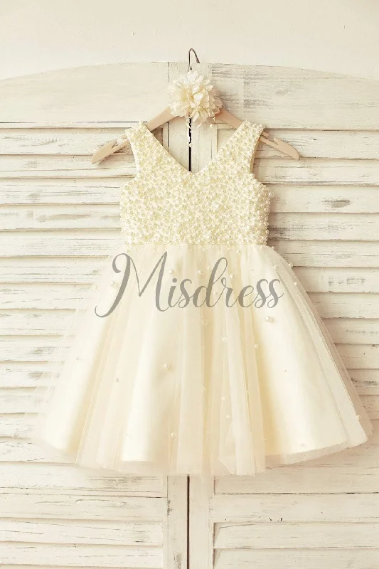 Princess V Neck Champagne Tulle Pearl Beaded Flower Girl Dress
