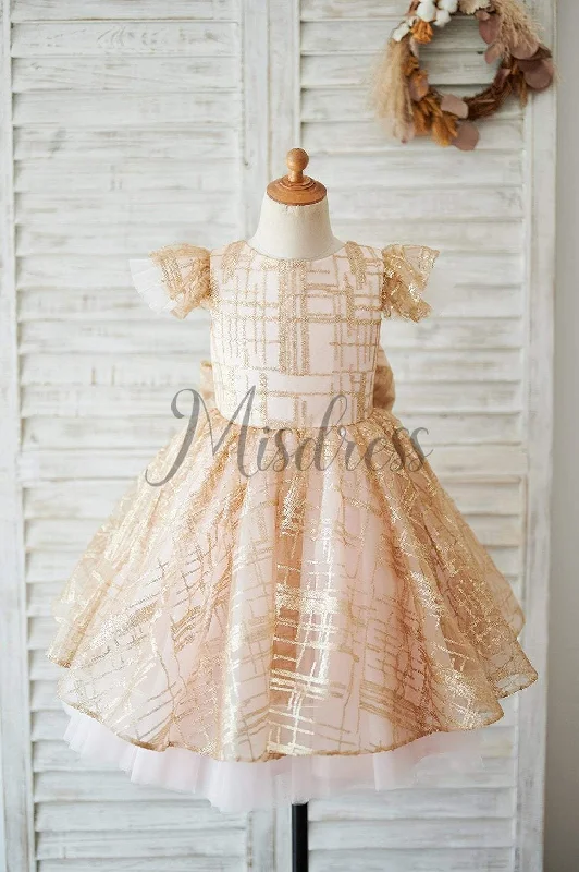 Cap Sleeves V Back Pink Tulle Champagne Sequin Wedding Flower Girl Dress