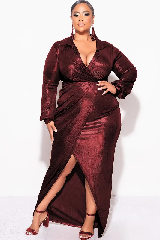 Final Sale Plus Size Faux Wrap Pleated Waist Foil Dress in Wine