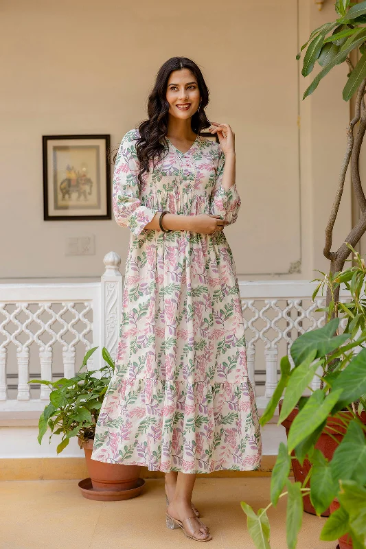 Women Off-White Floral Printed Flared Dress With Three quarter Sleeves - Rasiya