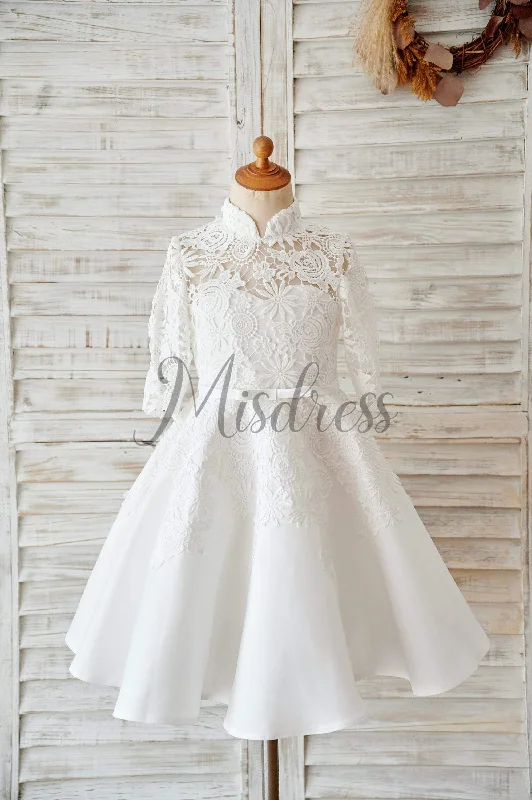 A-line Ivory Lace Satin High Neck Long Sleeves Wedding Flower Girl Dress