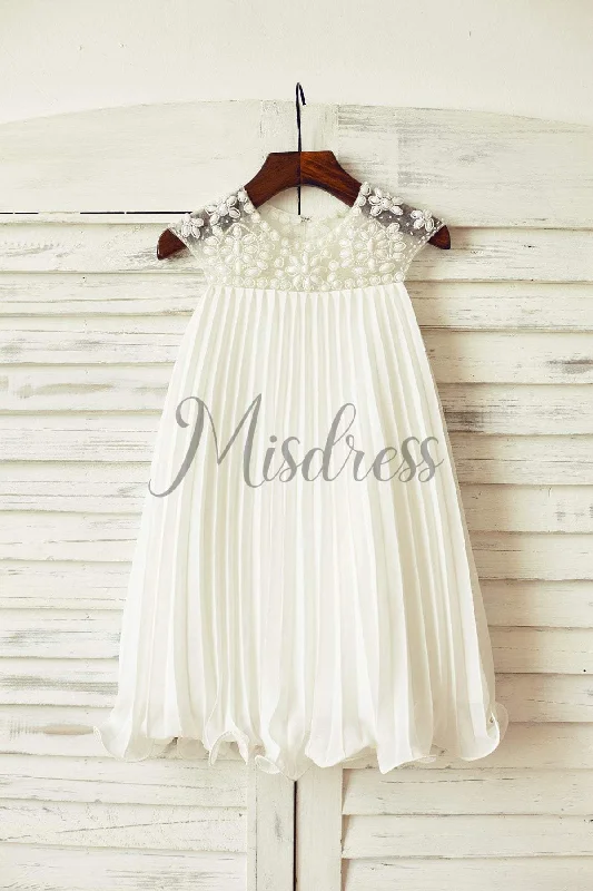 Boho Beach Beaded Ivory Chiffon Pleated Knee Length Flower Girl Dress