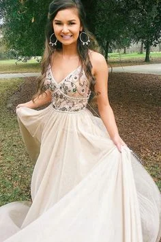 Chic Spaghetti Straps Low Back V Neck Prom Dress A Line Long Evening Dresses with Flowers cg6017 Chic Spaghetti Straps Low Back V Neck Prom Dress A Line Long Evening Dresses with Flowers cg6017