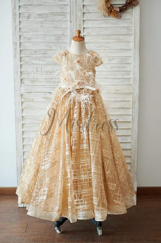Cap Sleeves V Back Gold Sequin Tulle Wedding Flower Girl Dress Pageant Dress