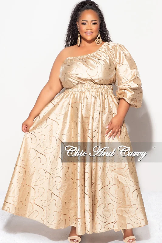 Final Sale Plus Size One Shoulder Dress with Front Cutout and Gold and Brown Design Print Final Sale Plus Size One Shoulder Dress with Front Cutout and Gold and Brown Design Print