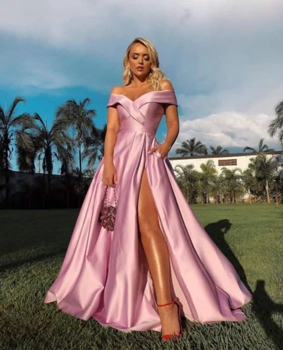 Pink Off the Shoulder Prom Dresses,A-line Satin Evening Dresses   cg6506