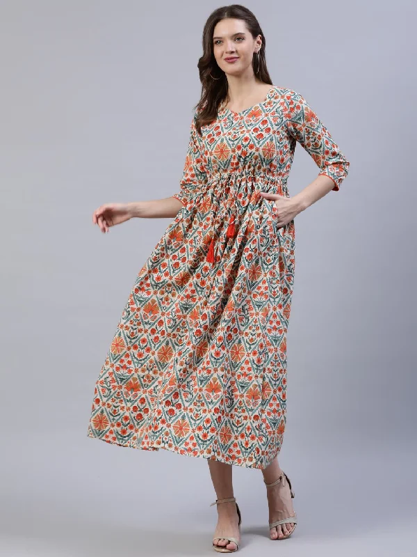 NOZ2TOZ Women Off-White Printed Dress With Three Quarter Sleeves